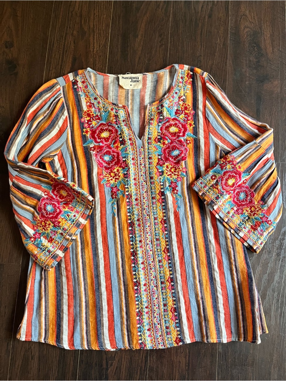 Savanna Jane Medium Boho Embroidered Striped Bell Sleeve Tunic Top Blouse